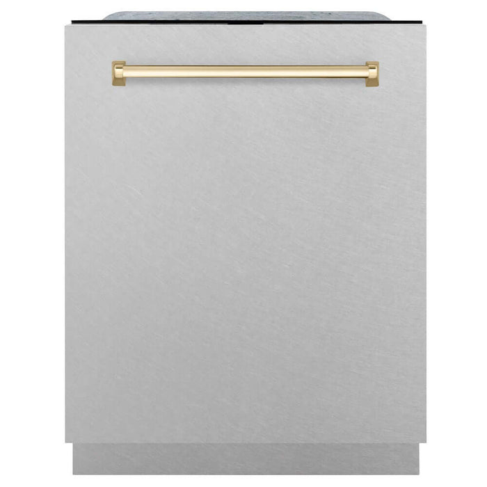 ZLINE Autograph Edition 24 in. Monument Series 3rd Rack Top Touch Control Tall Tub Dishwasher in Fingerprint Resistant Stainless Steel with Polished Gold Handle, 45dBa (DWMTZ-SN-24-G) front, closed.