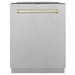 ZLINE Autograph Edition 24 in. Monument Series 3rd Rack Top Touch Control Tall Tub Dishwasher in Fingerprint Resistant Stainless Steel with Polished Gold Handle, 45dBa (DWMTZ-SN-24-G) front, closed.