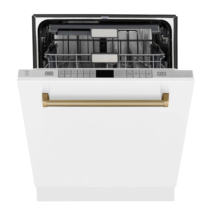 ZLINE Autograph Edition 24 in. Monument Series 3rd Rack Top Touch Control Tall Tub Dishwasher in White Matte with Champagne Bronze Handle, 45dBa (DWMTZ-WM-24-CB)