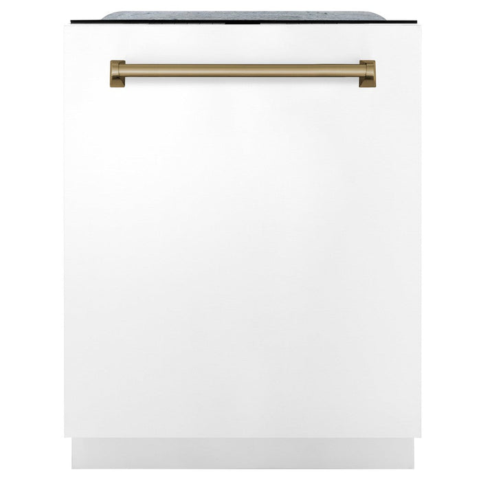 ZLINE Autograph Edition 24 in. Monument Series 3rd Rack Top Touch Control Tall Tub Dishwasher in White Matte with Champagne Bronze Handle, 45dBa (DWMTZ-WM-24-CB)