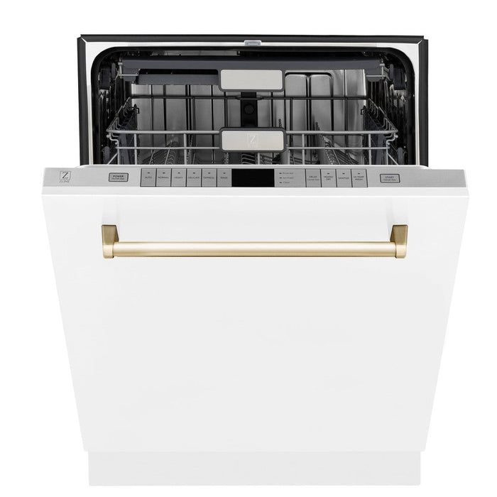 ZLINE Autograph Edition 24 in. Monument Series 3rd Rack Top Touch Control Tall Tub Dishwasher in White Matte with Polished Gold Handle, 45dBa (DWMTZ-WM-24-G)