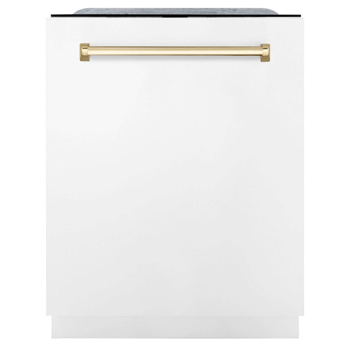 ZLINE Autograph Edition 30 in. Kitchen Package with Stainless Steel Dual Fuel Range with White Matte Door, Range Hood and Dishwasher with Polished Gold Accents (3AKP-RAWMRHDWM30-G)