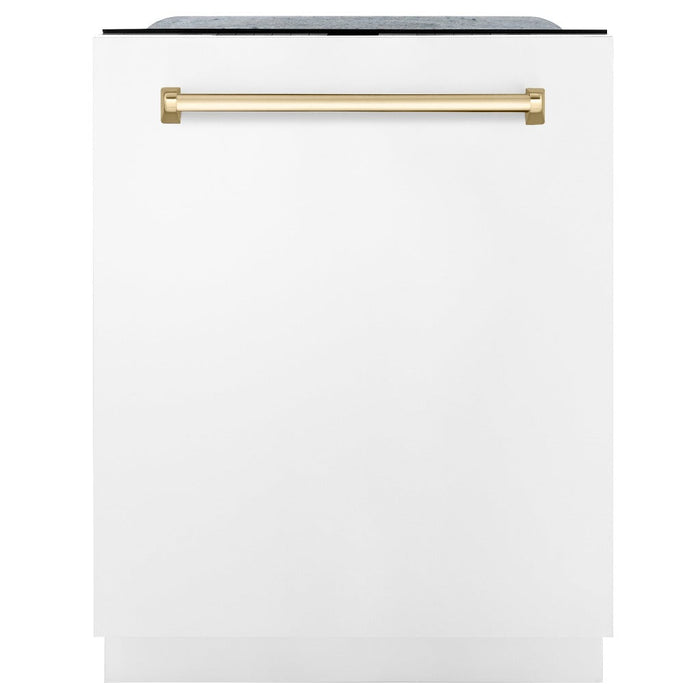 ZLINE Autograph Edition 24 in. Monument Series 3rd Rack Top Touch Control Tall Tub Dishwasher in White Matte with Polished Gold Handle, 45dBa (DWMTZ-WM-24-G)