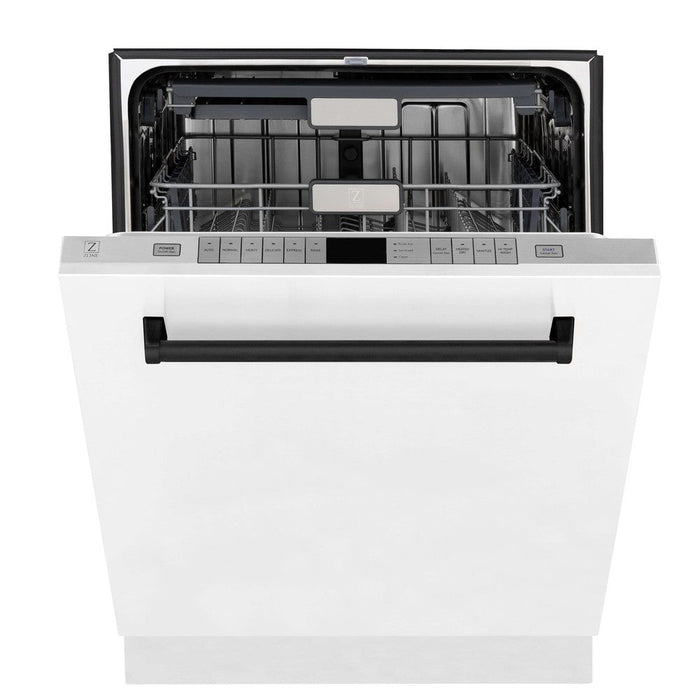 ZLINE Autograph Edition 36 in. Kitchen Package with Stainless Steel Dual Fuel Range with White Matte Door, Range Hood and Dishwasher with Matte Black Accents (3AKP-RAWMRHDWM36-MB)