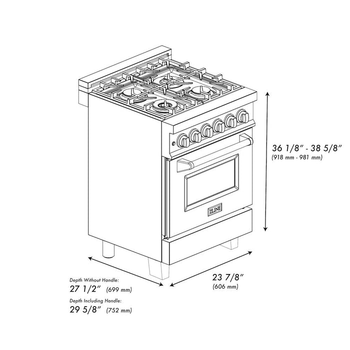 ZLINE Autograph Edition 24 in. 2.8 cu. ft. Legacy Dual Fuel Range with 4 Burner Gas Cooktop and Electric Convection Oven in DuraSnow® Stainless Steel and Polished Gold Accents (RASZ-SN-24-G)