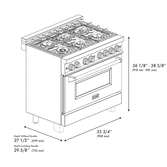 ZLINE Autograph Edition 36 in. 4.6 cu. ft. Dual Fuel Range with Gas Stove and Electric Oven in Fingerprint Resistant Stainless Steel with Champagne Bronze Accents (RASZ-SN-36-CB)