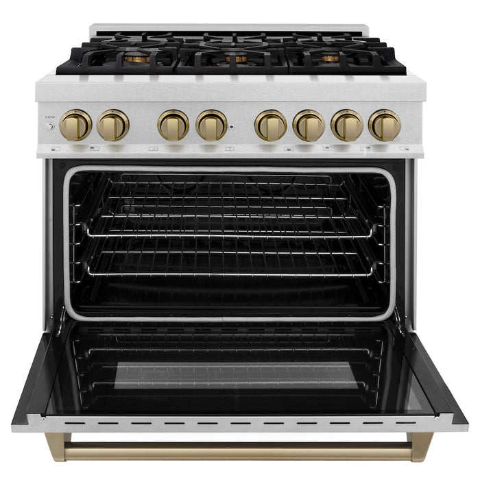 ZLINE Autograph Edition 36 in. 4.6 cu. ft. Dual Fuel Range with Gas Stove and Electric Oven in Fingerprint Resistant Stainless Steel with Champagne Bronze Accents (RASZ-SN-36-CB)