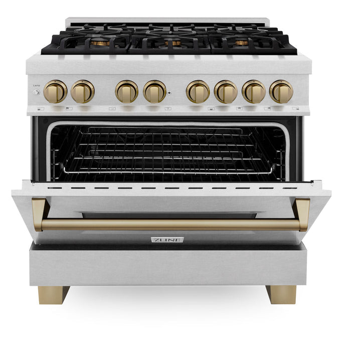 ZLINE Autograph Edition 36 in. 4.6 cu. ft. Dual Fuel Range with Gas Stove and Electric Oven in Fingerprint Resistant Stainless Steel with Champagne Bronze Accents (RASZ-SN-36-CB)