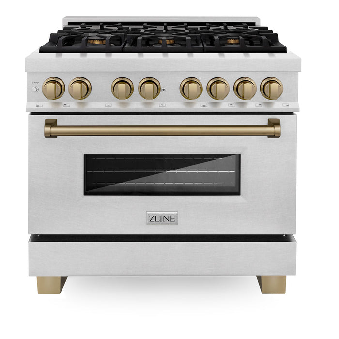 ZLINE Autograph Edition 36 in. 4.6 cu. ft. Dual Fuel Range with Gas Stove and Electric Oven in Fingerprint Resistant Stainless Steel with Champagne Bronze Accents (RASZ-SN-36-CB)