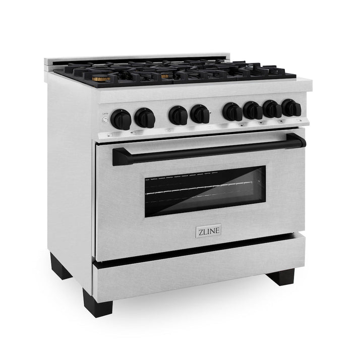 ZLINE Autograph Edition 36 in. 4.6 cu. ft. Dual Fuel Range with Gas Stove and Electric Oven in Fingerprint Resistant Stainless Steel with Matte Black Accents (RASZ-SN-36-MB)