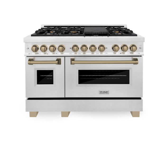 ZLINE Autograph Edition 48 in. 6.0 cu. ft. Dual Fuel Range with Gas Stove and Electric Oven in Fingerprint Resistant Stainless Steel with Champagne Bronze Accents (RASZ-SN-48-CB)