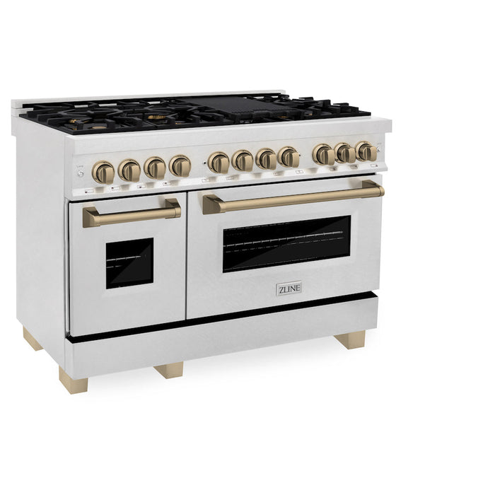 ZLINE Autograph Edition 48 in. 6.0 cu. ft. Dual Fuel Range with Gas Stove and Electric Oven in Fingerprint Resistant Stainless Steel with Champagne Bronze Accents (RASZ-SN-48-CB)