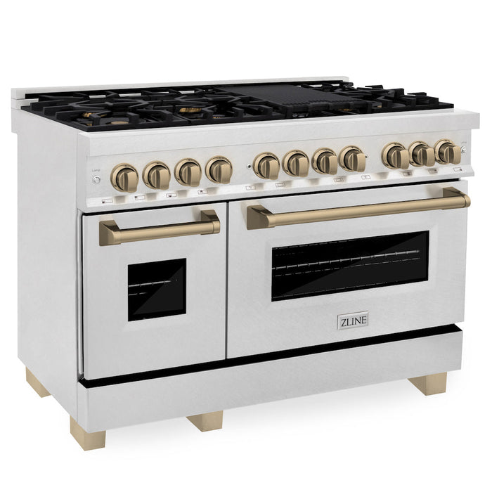 ZLINE Autograph Edition 48 in. 6.0 cu. ft. Dual Fuel Range with Gas Stove and Electric Oven in Fingerprint Resistant Stainless Steel with Champagne Bronze Accents (RASZ-SN-48-CB)