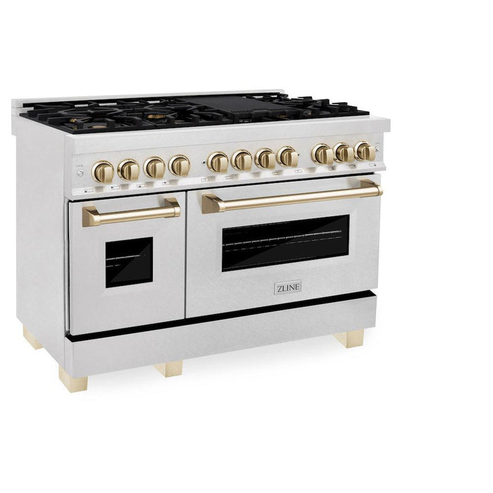 ZLINE Autograph Edition 48 in. 6.0 cu. ft. Dual Fuel Range with Gas Stove and Electric Oven in Fingerprint Resistant Stainless Steel with Polished Gold Accents (RASZ-SN-48-G)