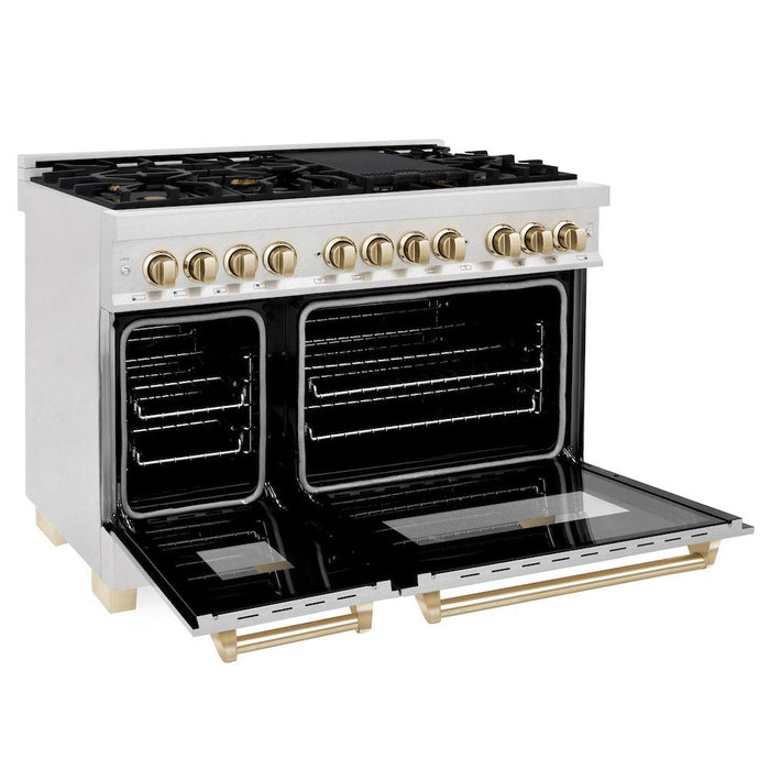 ZLINE Autograph Edition 48 in. 6.0 cu. ft. Dual Fuel Range with Gas Stove and Electric Oven in Fingerprint Resistant Stainless Steel with Polished Gold Accents (RASZ-SN-48-G)