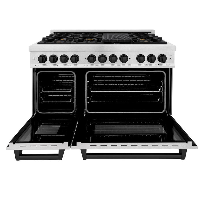 ZLINE Autograph Edition 48 in. 6.0 cu. ft. Dual Fuel Range with Gas Stove and Electric Oven in Fingerprint Resistant Stainless Steel with Matte Black Accents (RASZ-SN-48-MB)