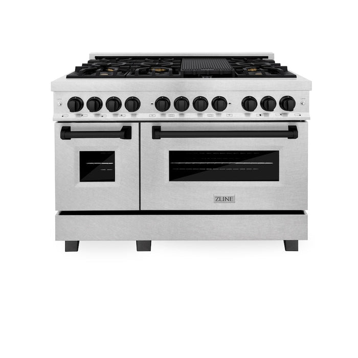 ZLINE Autograph Edition 48 in. 6.0 cu. ft. Dual Fuel Range with Gas Stove and Electric Oven in Fingerprint Resistant Stainless Steel with Matte Black Accents (RASZ-SN-48-MB)