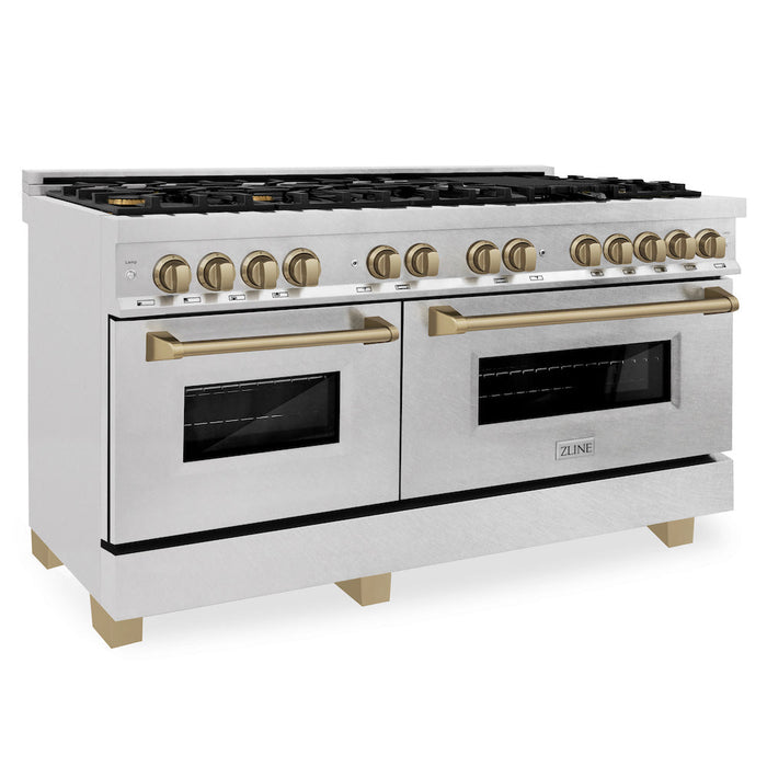 ZLINE Autograph Edition 60 in. 7.4 cu. ft. Dual Fuel Range with Gas Stove and Electric Oven in DuraSnow® Stainless Steel with Champagne Bronze Accents (RASZ-SN-60-CB)