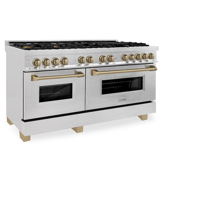 ZLINE Autograph Edition 60 in. 7.4 cu. ft. Dual Fuel Range with Gas Stove and Electric Oven in DuraSnow® Stainless Steel with Champagne Bronze Accents (RASZ-SN-60-CB)