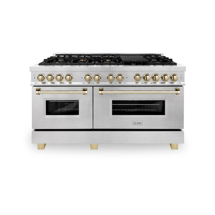 ZLINE Autograph Edition 60 in. 7.4 cu. ft. Dual Fuel Range with Gas Stove and Electric Oven in DuraSnow® Stainless Steel with Polished Gold Accents (RASZ-SN-60-G)