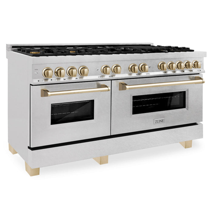 ZLINE Autograph Edition 60 in. 7.4 cu. ft. Dual Fuel Range with Gas Stove and Electric Oven in DuraSnow® Stainless Steel with Polished Gold Accents (RASZ-SN-60-G)