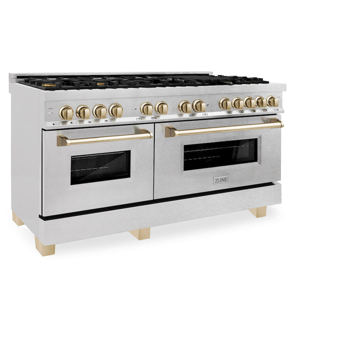 ZLINE Autograph Edition 60 in. 7.4 cu. ft. Dual Fuel Range with Gas Stove and Electric Oven in DuraSnow® Stainless Steel with Polished Gold Accents (RASZ-SN-60-G)