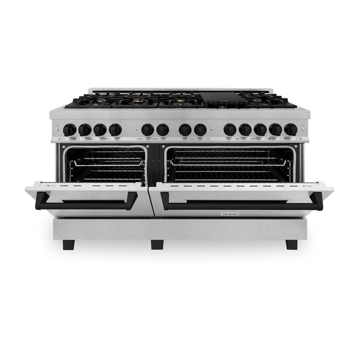 ZLINE Autograph Edition 60 in. 7.4 cu. ft. Dual Fuel Range with Gas Stove and Electric Oven in DuraSnow® Stainless Steel with Matte Black Accents (RASZ-SN-60-MB)