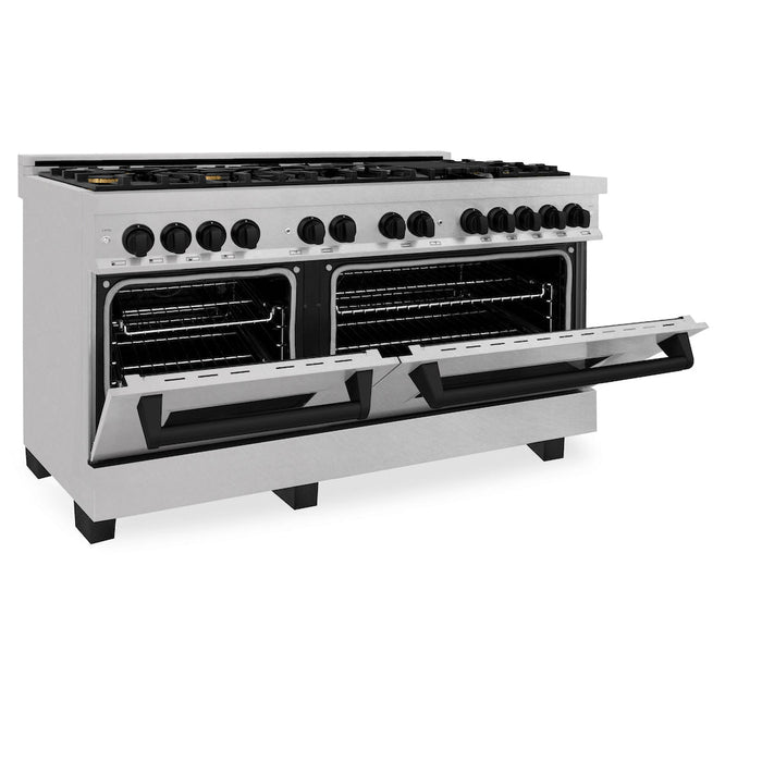 ZLINE Autograph Edition 60 in. 7.4 cu. ft. Dual Fuel Range with Gas Stove and Electric Oven in DuraSnow® Stainless Steel with Matte Black Accents (RASZ-SN-60-MB)