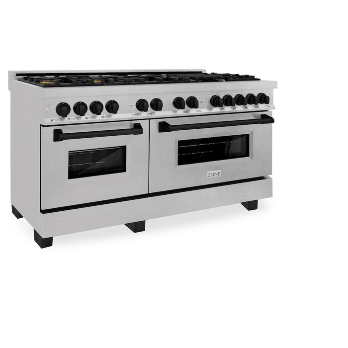 ZLINE Autograph Edition 60 in. 7.4 cu. ft. Dual Fuel Range with Gas Stove and Electric Oven in DuraSnow® Stainless Steel with Matte Black Accents (RASZ-SN-60-MB)