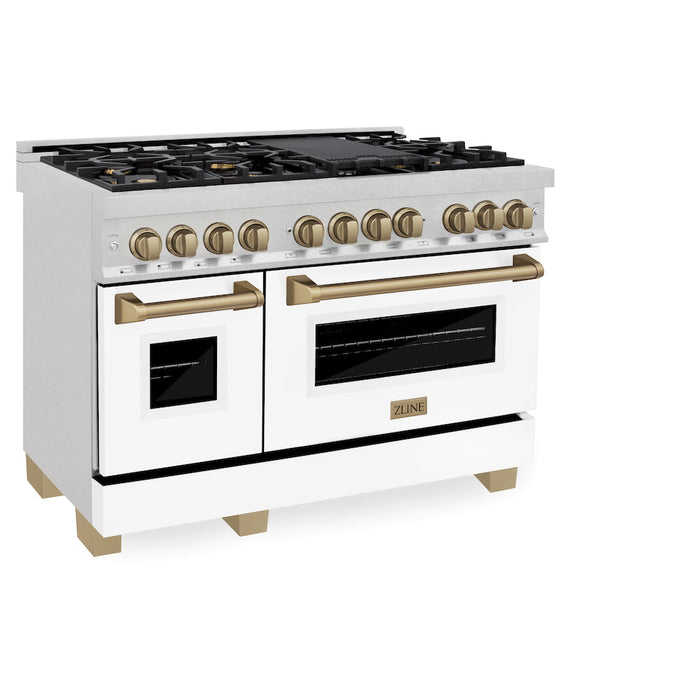 ZLINE Autograph Edition 48 in. 6.0 cu. ft. Dual Fuel Range with Gas Stove and Electric Oven in Fingerprint Resistant Stainless Steel with White Matte Door and Champagne Bronze Accents (RASZ-WM-48-CB)