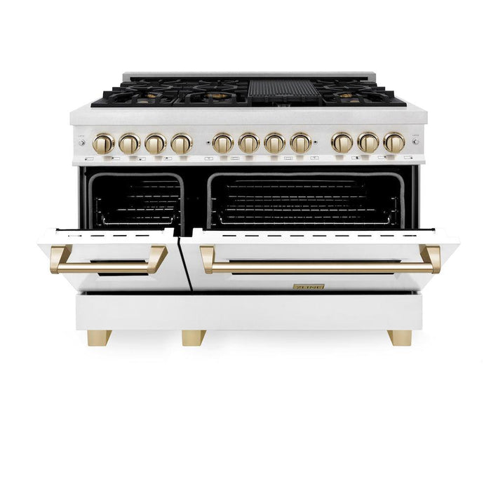 ZLINE Autograph Edition 48 in. 6.0 cu. ft. Dual Fuel Range with Gas Stove and Electric Oven in Fingerprint Resistant Stainless Steel with White Matte Doors and Polished Gold Accents (RASZ-WM-48-G)