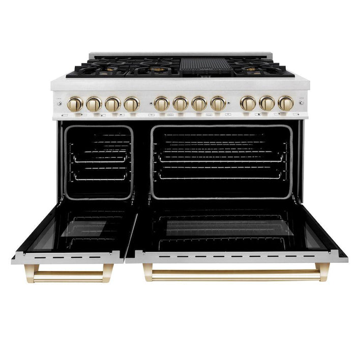 ZLINE Autograph Edition 48 in. 6.0 cu. ft. Dual Fuel Range with Gas Stove and Electric Oven in Fingerprint Resistant Stainless Steel with White Matte Doors and Polished Gold Accents (RASZ-WM-48-G)