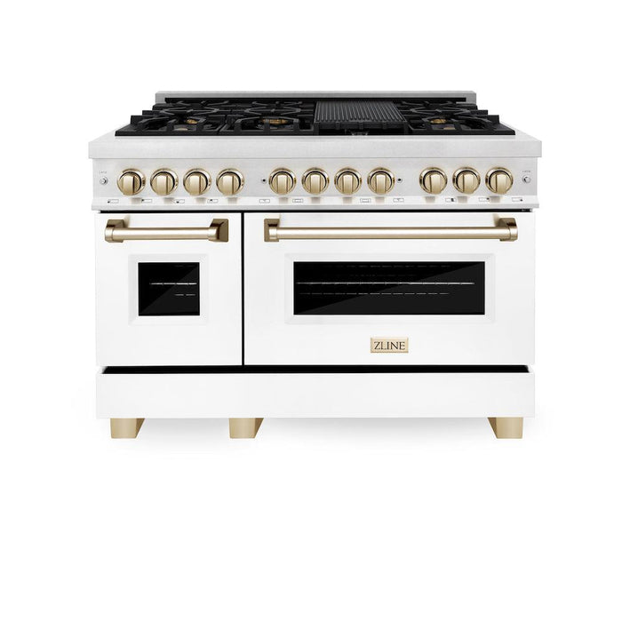 ZLINE Autograph Edition 48 in. 6.0 cu. ft. Dual Fuel Range with Gas Stove and Electric Oven in Fingerprint Resistant Stainless Steel with White Matte Doors and Polished Gold Accents (RASZ-WM-48-G)