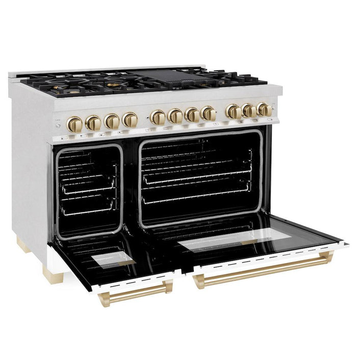 ZLINE Autograph Edition 48 in. 6.0 cu. ft. Dual Fuel Range with Gas Stove and Electric Oven in Fingerprint Resistant Stainless Steel with White Matte Doors and Polished Gold Accents (RASZ-WM-48-G)