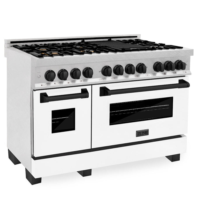 ZLINE Autograph Edition 48 in. 6.0 cu. ft. Dual Fuel Range with Gas Stove and Electric Oven in Fingerprint Resistant Stainless Steel with White Matte Door and Matte Black Accents (RASZ-WM-48-MB)