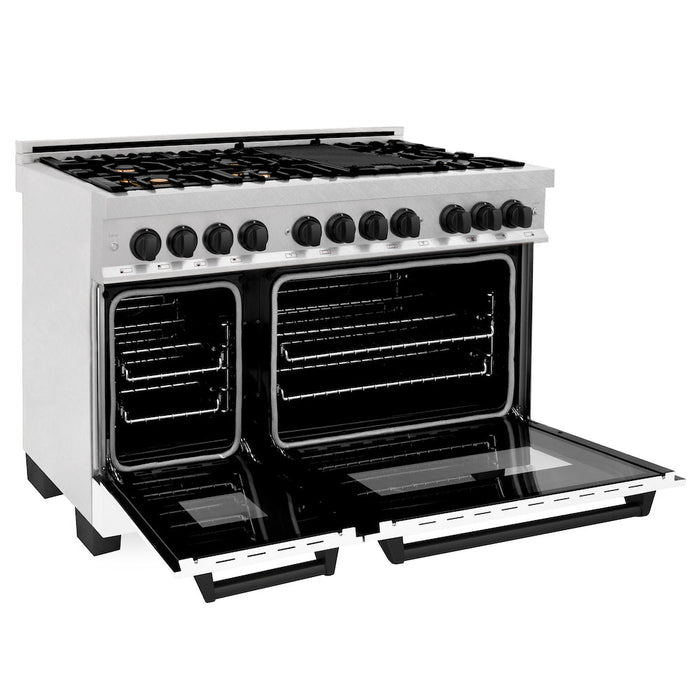 ZLINE Autograph Edition 48 in. 6.0 cu. ft. Dual Fuel Range with Gas Stove and Electric Oven in Fingerprint Resistant Stainless Steel with White Matte Door and Matte Black Accents (RASZ-WM-48-MB)