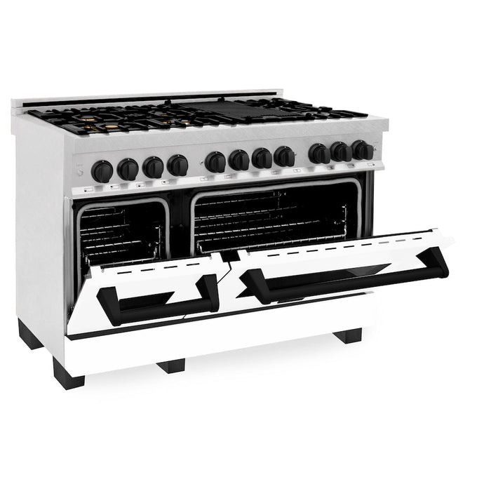 ZLINE Autograph Edition 48 in. 6.0 cu. ft. Dual Fuel Range with Gas Stove and Electric Oven in Fingerprint Resistant Stainless Steel with White Matte Door and Matte Black Accents (RASZ-WM-48-MB)