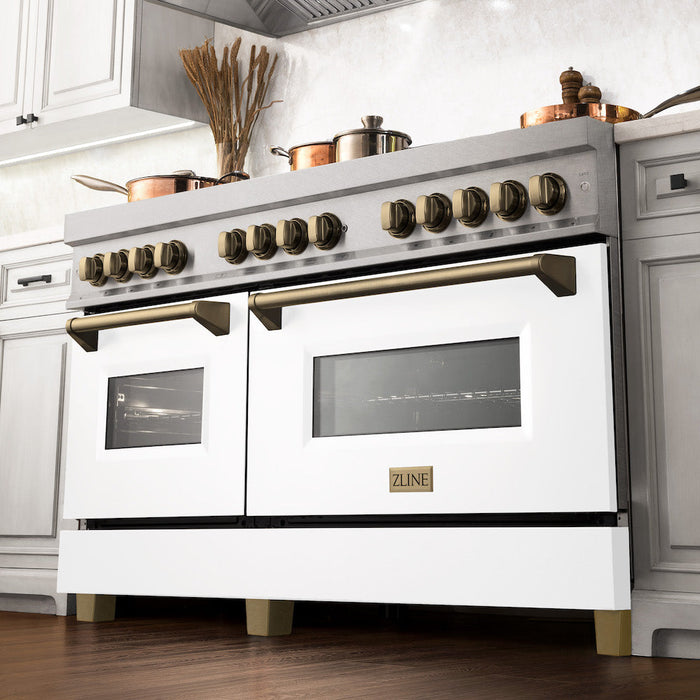 ZLINE Autograph Edition 60 in. 7.4 cu. ft. Dual Fuel Range with Gas Stove and Electric Oven in Fingerprint Resistant Stainless Steel with White Matte Door and Champagne Bronze Accents (RASZ-WM-60-CB)