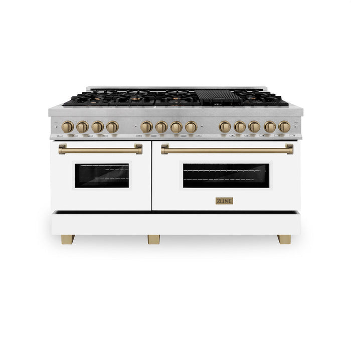 ZLINE Autograph Edition 60 in. 7.4 cu. ft. Dual Fuel Range with Gas Stove and Electric Oven in Fingerprint Resistant Stainless Steel with White Matte Door and Champagne Bronze Accents (RASZ-WM-60-CB)