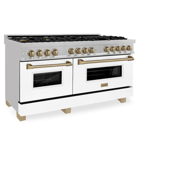 ZLINE Autograph Edition 60 in. 7.4 cu. ft. Dual Fuel Range with Gas Stove and Electric Oven in Fingerprint Resistant Stainless Steel with White Matte Door and Champagne Bronze Accents (RASZ-WM-60-CB)