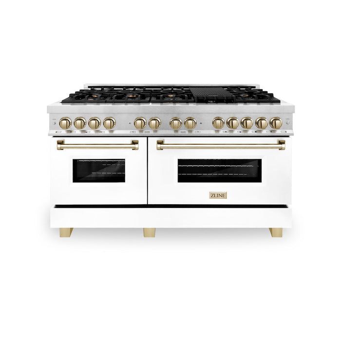 ZLINE Autograph Edition 60 in. 7.4 cu. ft. Dual Fuel Range with Gas Stove and Electric Oven in Fingerprint Resistant Stainless Steel with White Matte Doors and Polished Gold Accents (RASZ-WM-60-G)