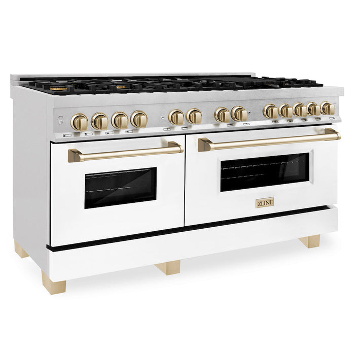 ZLINE Autograph Edition 60 in. 7.4 cu. ft. Dual Fuel Range with Gas Stove and Electric Oven in Fingerprint Resistant Stainless Steel with White Matte Doors and Polished Gold Accents (RASZ-WM-60-G)