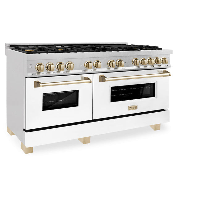 ZLINE Autograph Edition 60 in. 7.4 cu. ft. Dual Fuel Range with Gas Stove and Electric Oven in Fingerprint Resistant Stainless Steel with White Matte Doors and Polished Gold Accents (RASZ-WM-60-G)