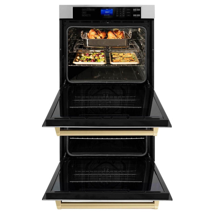 ZLINE Autograph Edition 30 in. Electric Double Wall Oven with Self Clean and True Convection in DuraSnow® Stainless Steel and Polished Gold Accents (AWDSZ-30-G)