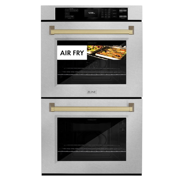 ZLINE Autograph Edition 30 in. Professional True Convection Double Wall Oven with Air Fry and Self Clean in DuraSnow® Stainless Steel with Champagne Bronze Handles (WADSZ-30-CB)