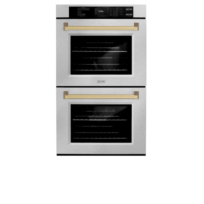 ZLINE Autograph Edition 30 in. Professional True Convection Double Wall Oven with Air Fry and Self Clean in DuraSnow® Stainless Steel with Champagne Bronze Handles (WADSZ-30-CB)