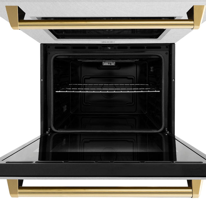 ZLINE Autograph Edition 30 in. Professional True Convection Double Wall Oven with Air Fry and Self Clean in DuraSnow® Stainless Steel with Polished Gold Handles (WADSZ-30-G)