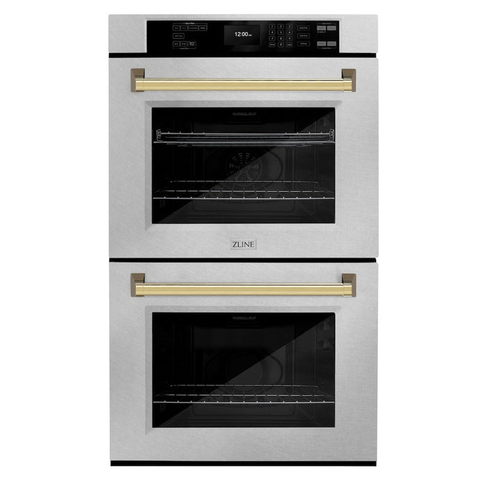 ZLINE Autograph Edition 30 in. Professional True Convection Double Wall Oven with Air Fry and Self Clean in DuraSnow® Stainless Steel with Polished Gold Handles (WADSZ-30-G)