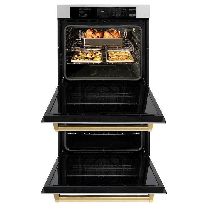 ZLINE Autograph Edition 30 in. Professional True Convection Double Wall Oven with Air Fry and Self Clean in DuraSnow® Stainless Steel with Polished Gold Handles (WADSZ-30-G)