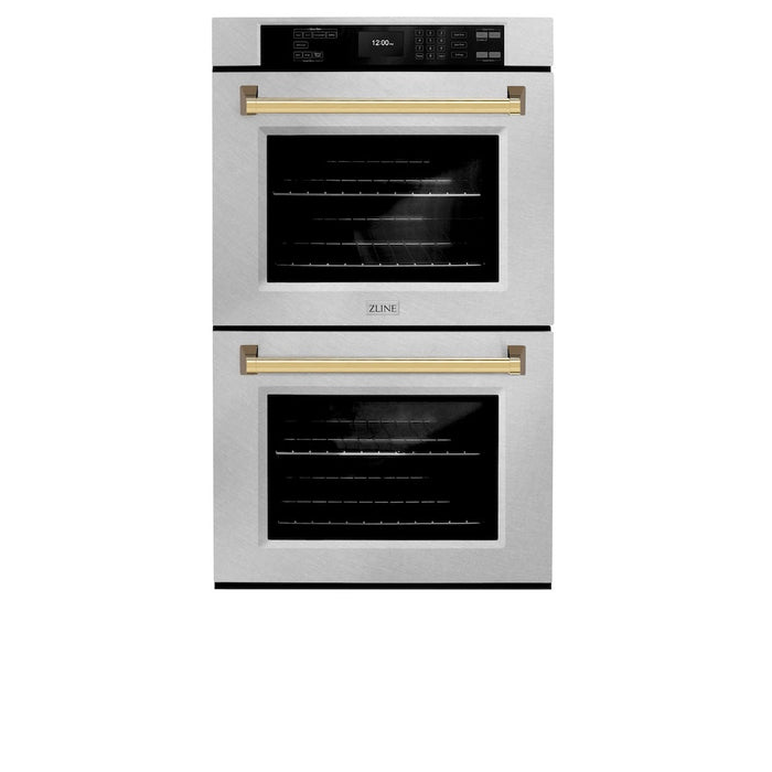 ZLINE Autograph Edition 30 in. Professional True Convection Double Wall Oven with Air Fry and Self Clean in DuraSnow® Stainless Steel with Polished Gold Handles (WADSZ-30-G)